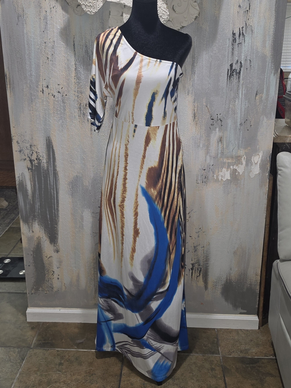Dress Day Gorgeous One-Shoulder Abstract Blue & Brown Print Maxi Dress Size Med